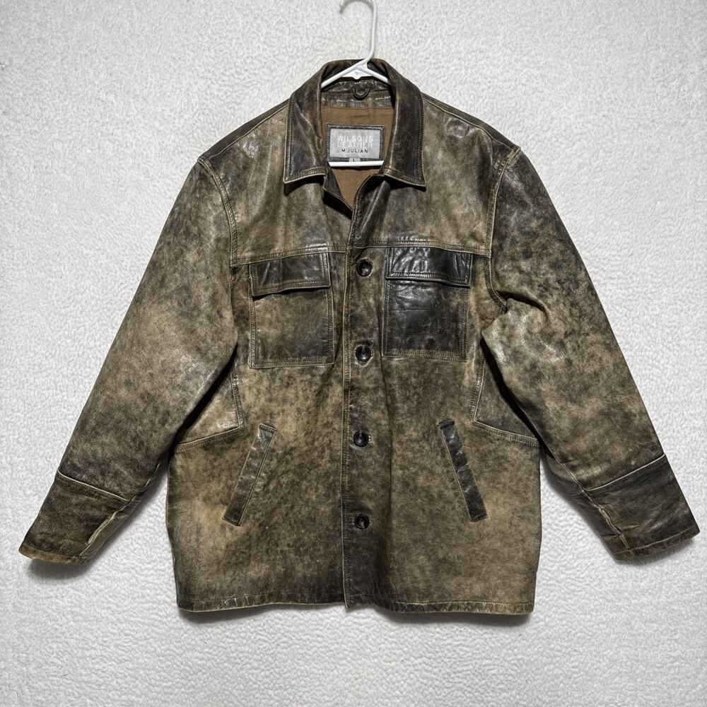 Wilsons Leather M. Julian Mens L Jacket Button VTG-Distressed Marbled Brown